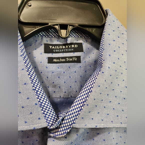 Tailorbyrd Dress Shirt 17 36/37 Trim Fit Blue Print Cotton Flip Cuff Non Iron - Picture 2 of 7